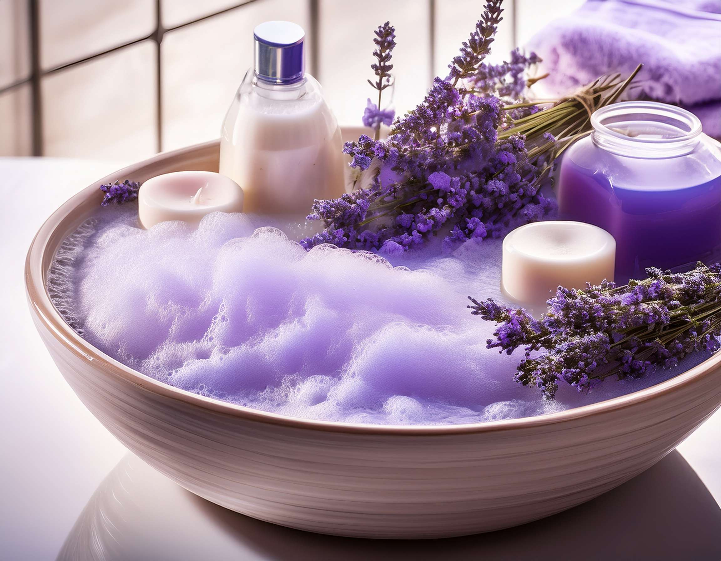 DIY Lavender Bath Soak for Relaxation Firefly Create An Image Depicting A Lavender Bath Soaked With Foam And Spa Products 947574