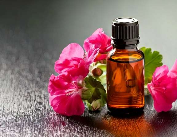 firefly generate an image of geranium essential oil; aromatherapy concept 110440