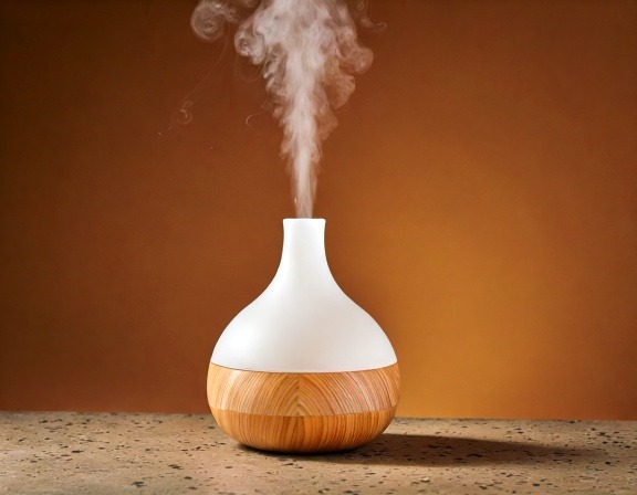 Firefly Generate An Image Of An Essential Air Diffuser Releasing Steam Cozy Colors And Backg 348866