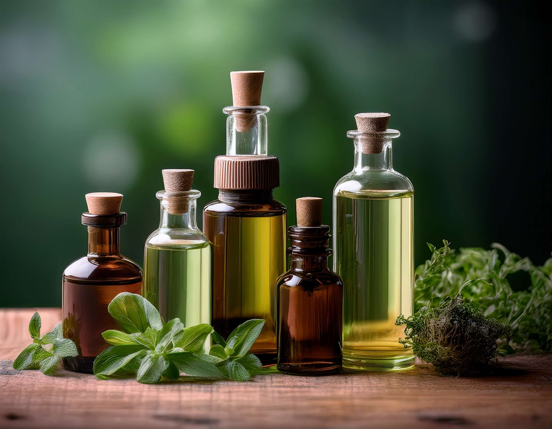 Firefly Generate An Image Of Essential Oil Bottles And Herbs Earthy Green Contrast. This Pic 702155