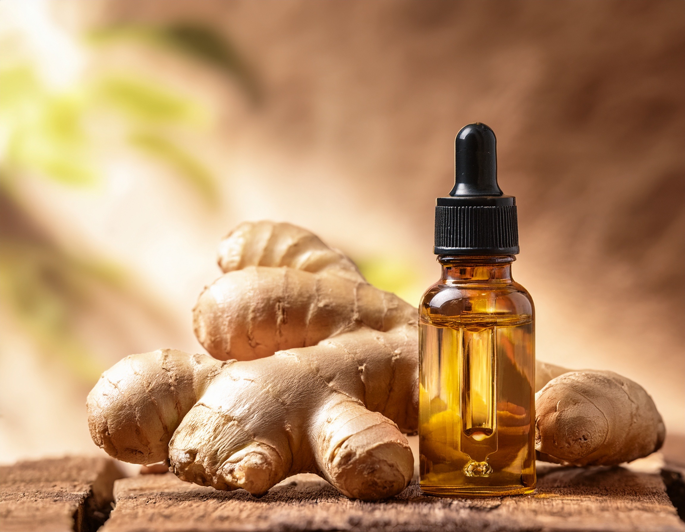 Firefly Generate An Image Of Ginger Essential Oil Warm Earth Tone Background 1122
