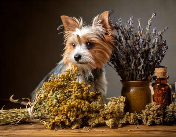 firefly generate an image of dried herbs and a small dog; the concept is ancient medicine, pe 110440