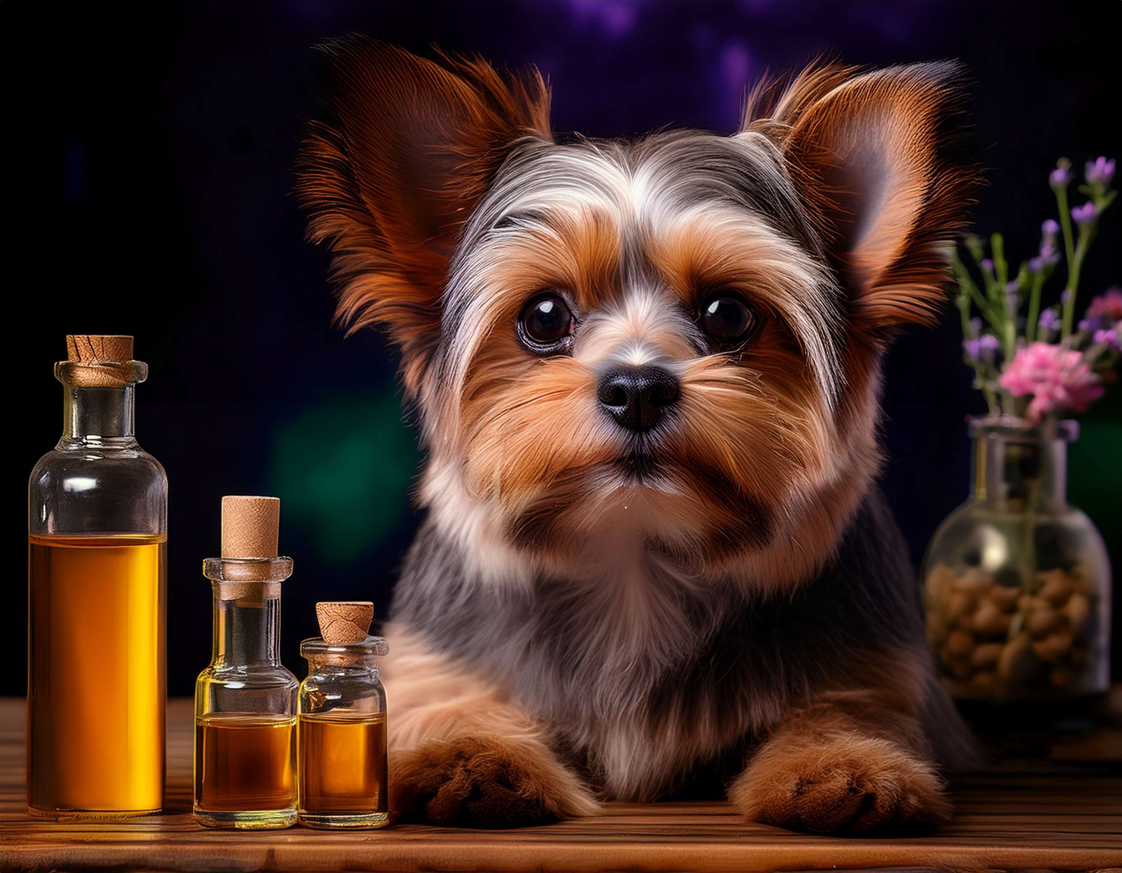 firefly geneate an image of a small dog with essential oil bottles; aromatherapy themed. 399621