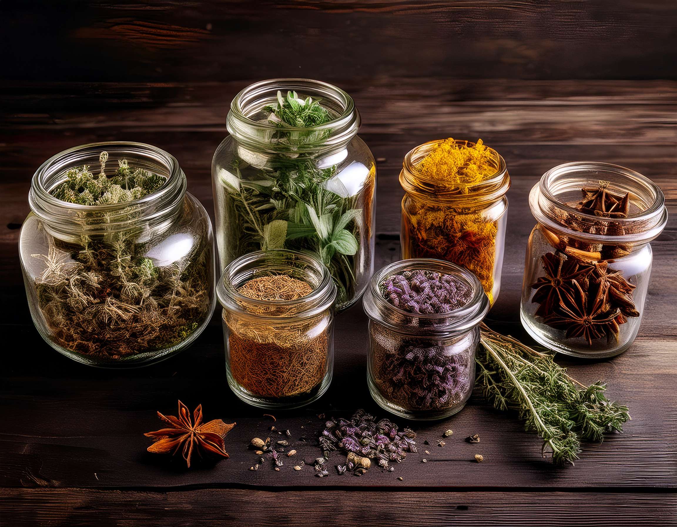 firefly generate an image of various dried herbs and spices in glass jars on a dark wooden bo 978617 2